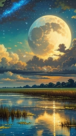 夜景星空树木河流