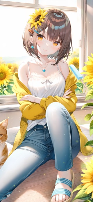 窗边清纯向日葵少女