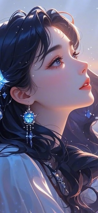 花漾壁纸|月夜抬手的蓝发少女