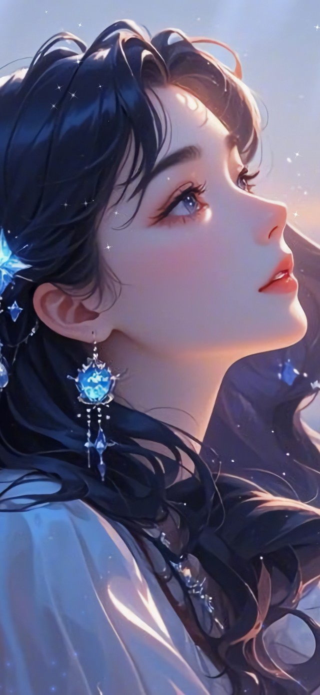 花漾壁纸|月夜抬手的蓝发少女