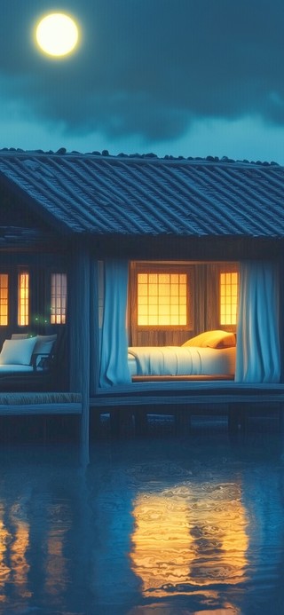 夜晚湖上小屋