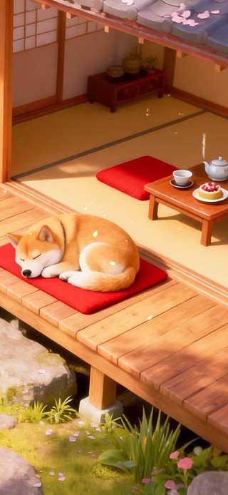 温馨小院休息的柴犬