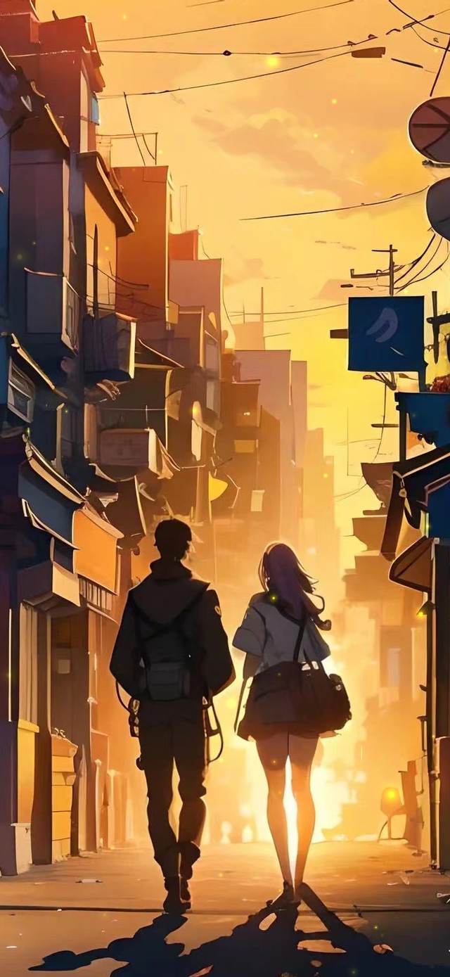 傍晚一起回家的情侣