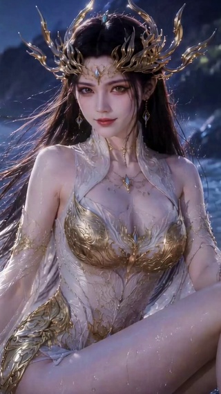 月夜海边鎏金女神