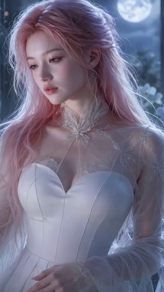 雨夜窗边粉发温柔美少女