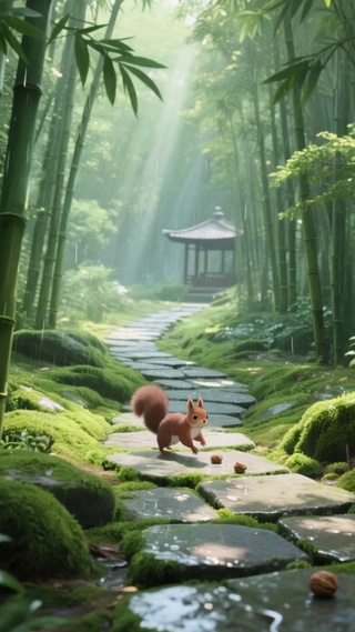 竹林拾坚果的松鼠