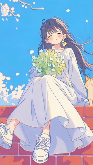春日限定的白裙少女与猫