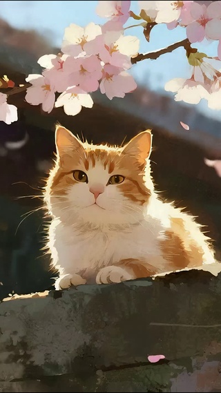 花枝下的胖橘猫