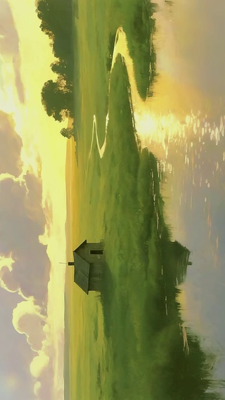 油画-唯美鎏金草原小屋