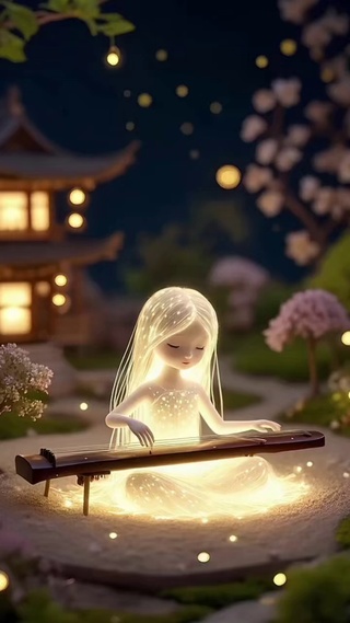 🌙夜色漫染，白发精灵轻拂古琴🎐