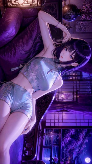 紫发旗袍古风美女月下小憩