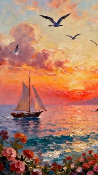 夕阳海景树木海鸥