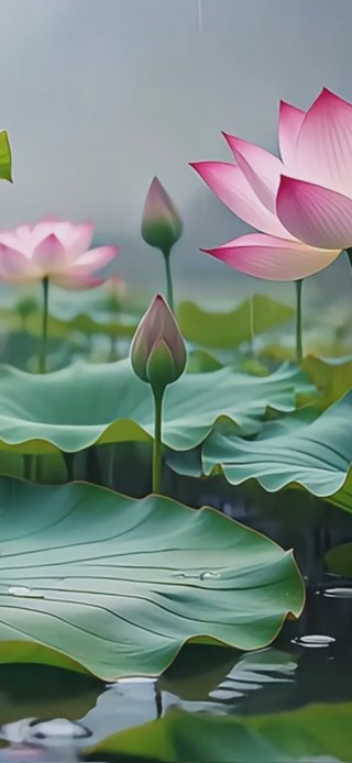 荷花池雨中可爱情侣猫咪