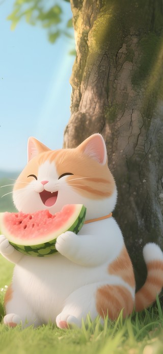 树下吃西瓜猫咪