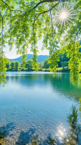 翠柳垂岸的夏日清湖