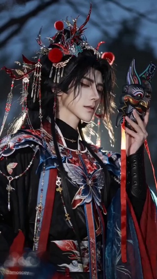 暗调夜间国风古风少年红衣戏袍傩面道长执符神秘国风少年民俗氛围感壁纸AI壁纸旦角头饰伶人侧脸