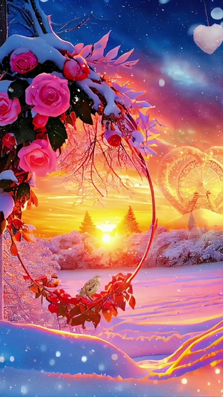 夕阳下的雪中玫瑰
