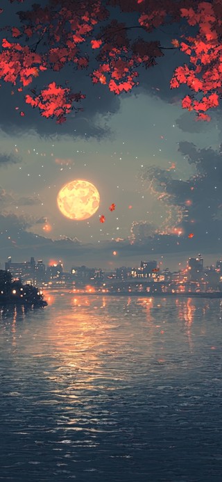 红叶下的古镇夜景
