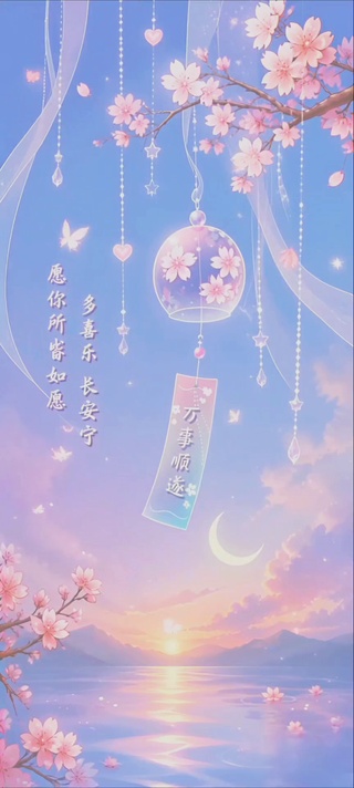 柔和梦幻樱花湖畔粉蓝色