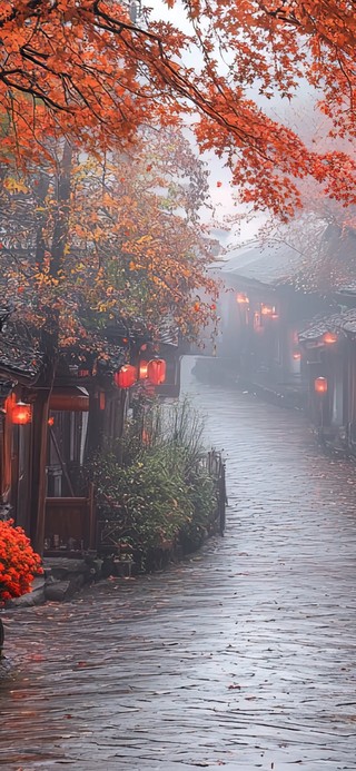 秋日阴雨天气古镇风景