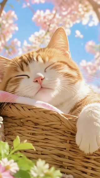 樱花下酣睡的软萌橘猫
