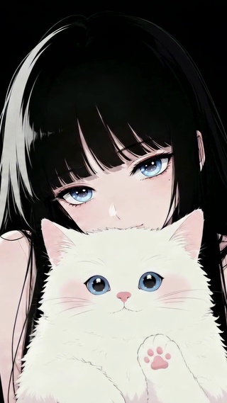 黑发蓝眼少女抱可爱白猫