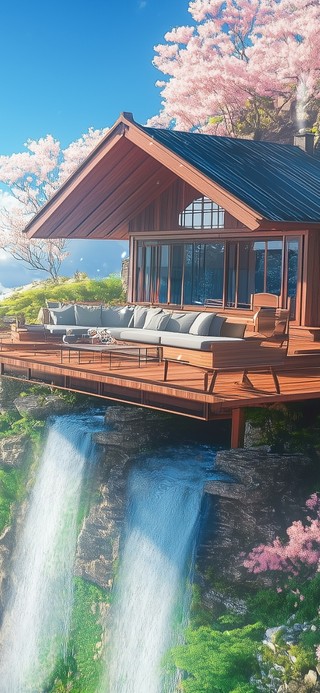 瀑布樱花小屋