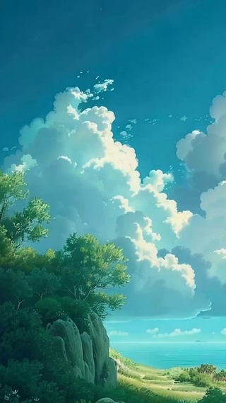 蓝天白云树木海景