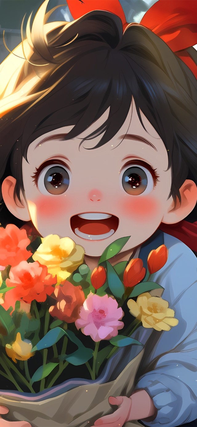 手捧鲜花可爱女孩