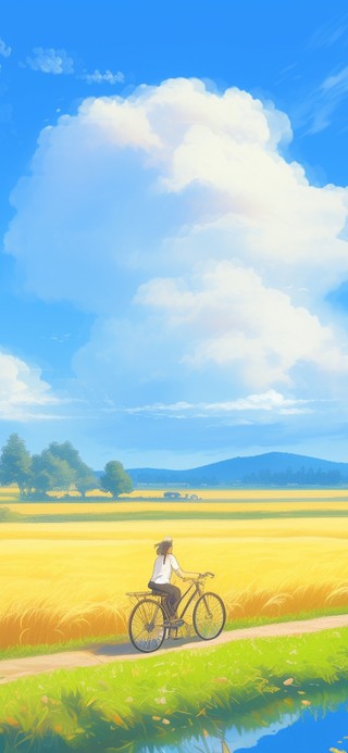 在金色的麦田边骑行