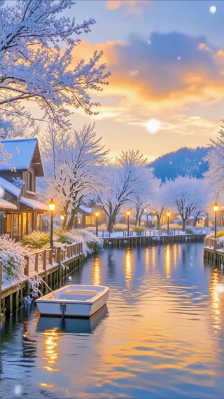 唯美雪天乡村水上小镇