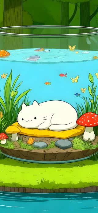 森林鱼缸猫咪