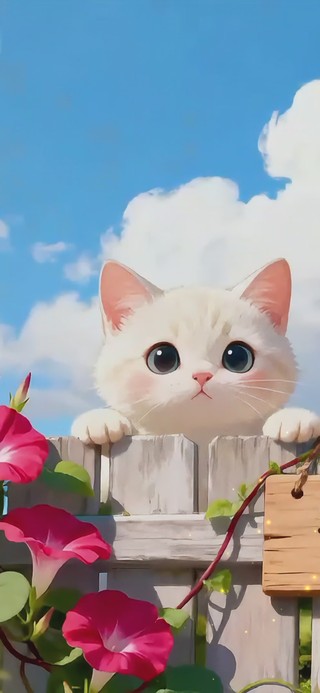 喇叭花篱笆小猫