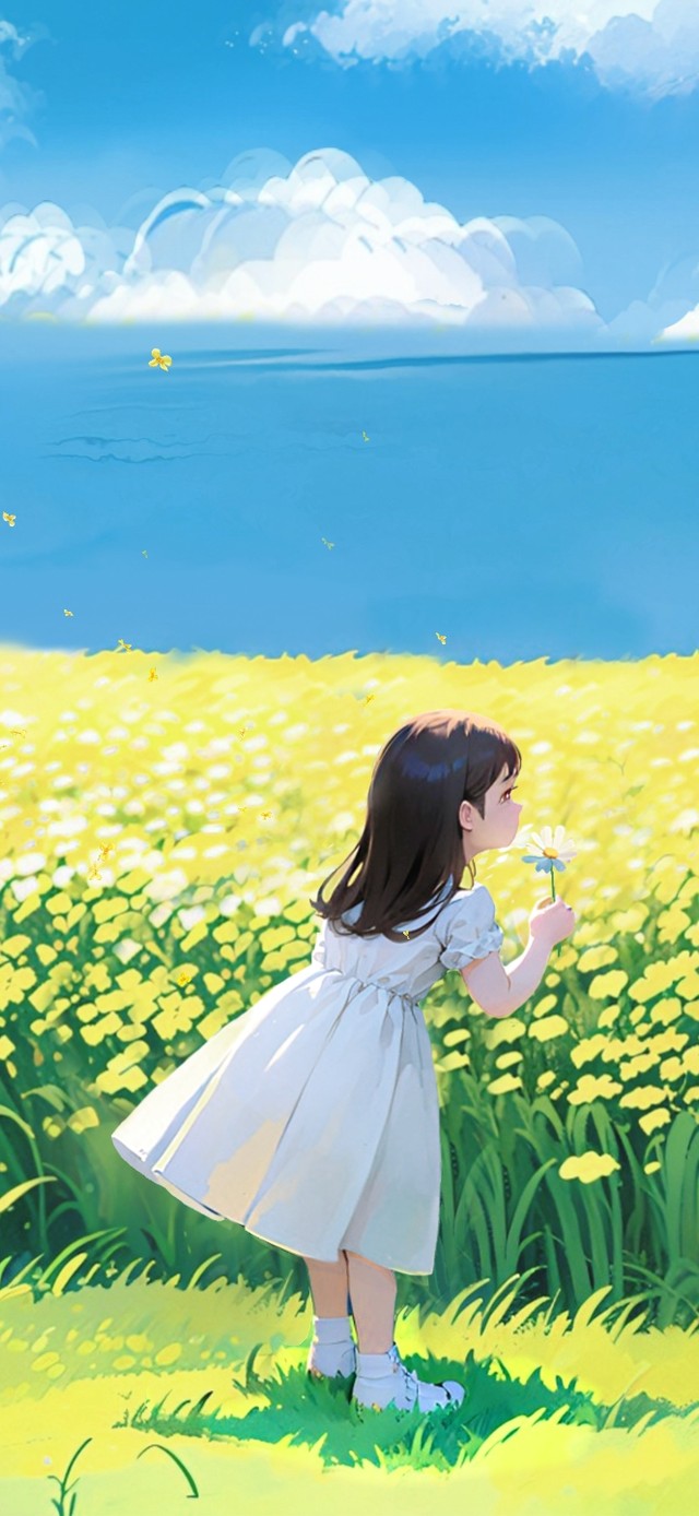 花海中闻香的小女孩