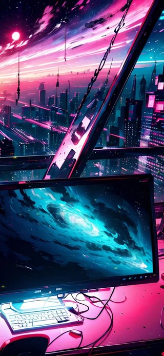赛博风格的电脑房窗外