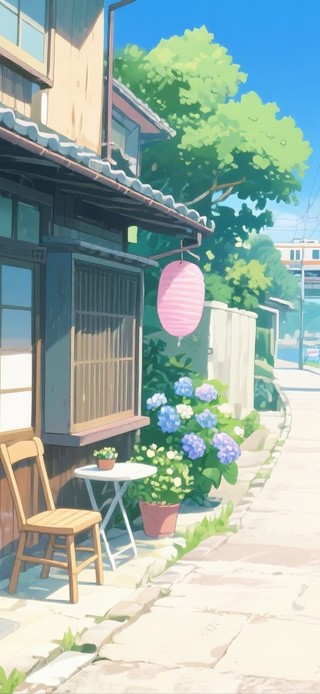 河边绣球花电车小屋