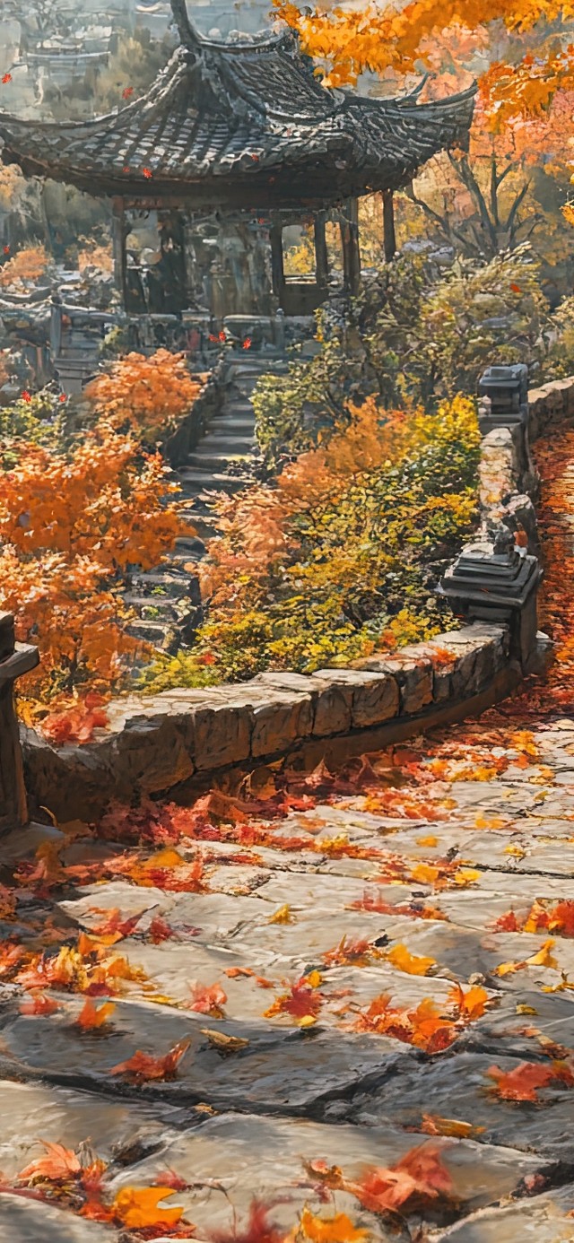 秋日落叶古镇石板路