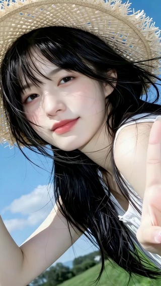 晴空草地清纯草帽美女