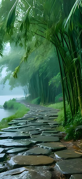雨天竹林河流