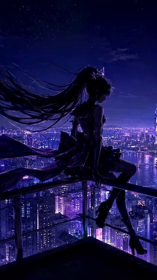 赛博朋克天台夜景美少女