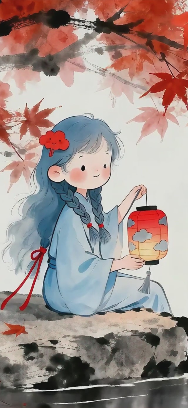 枫叶下的提灯少女