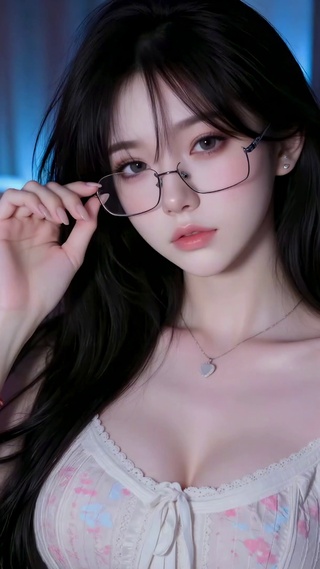 居家黑长直眼镜清纯美女