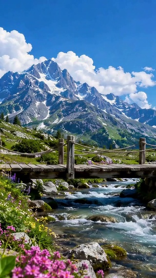 晴空雪山花海溪流治愈风景