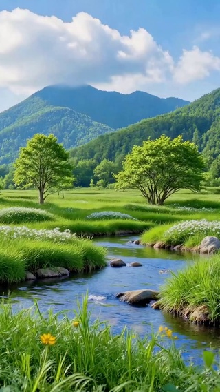 清新治愈山野溪流木屋风景