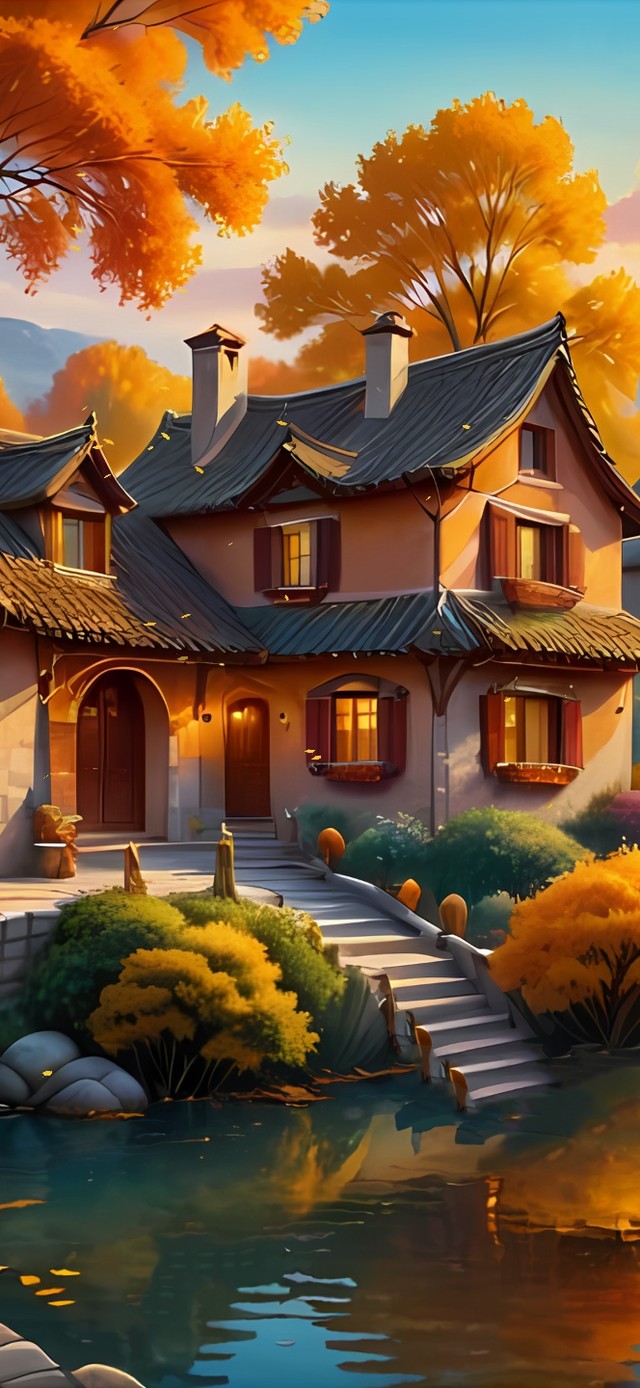 清晨阳光洒在唯美村庄上