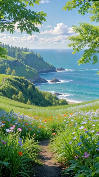 清新花海海岸林间风景