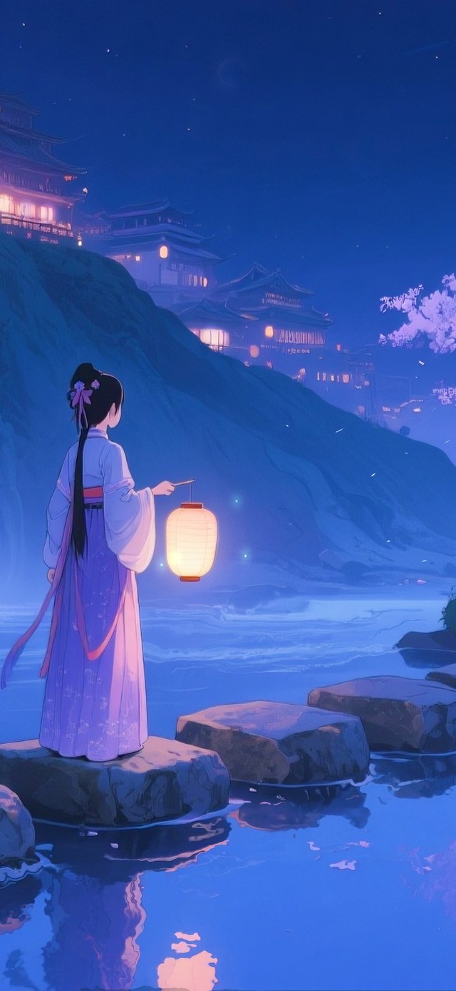 夜晚提着灯笼的古风女孩