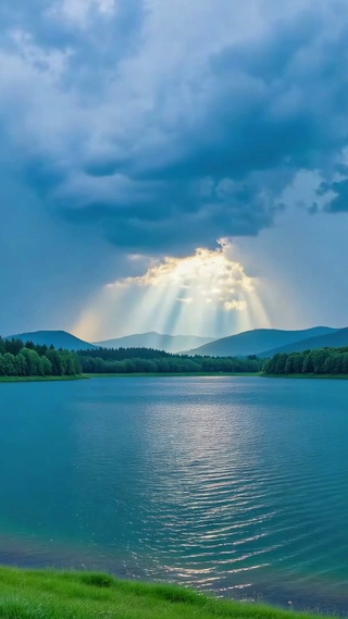 蓝湖丁达尔治愈自然风景