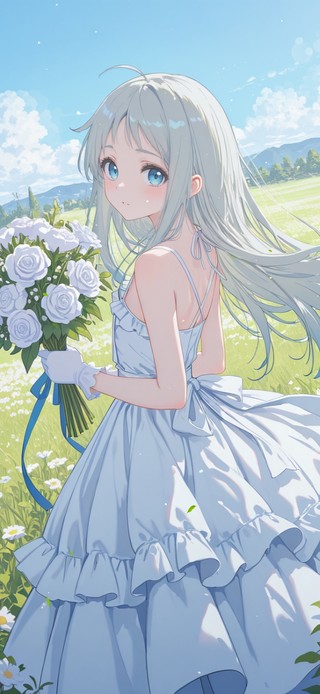 夏日草原花束女孩