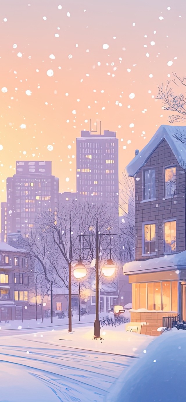 大雪纷飞中的城市晚霞